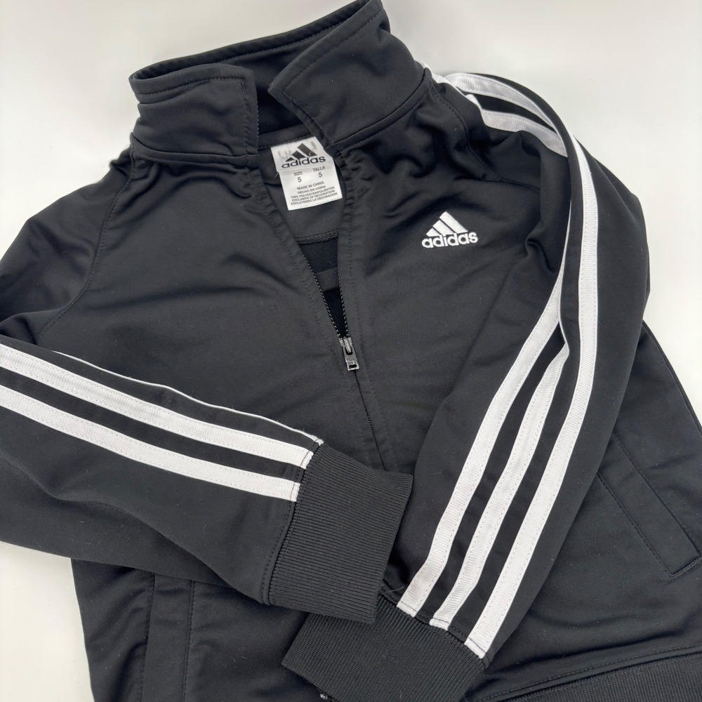 Adidas Kids Track Jacket Size 5 Black 3-Stripe Full Zip Active Athleisure Sporty